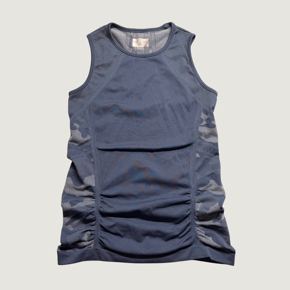 Athleta Fast Track Camo Tank Top Navy Blue Ruched Seamless Workout Shirt Small